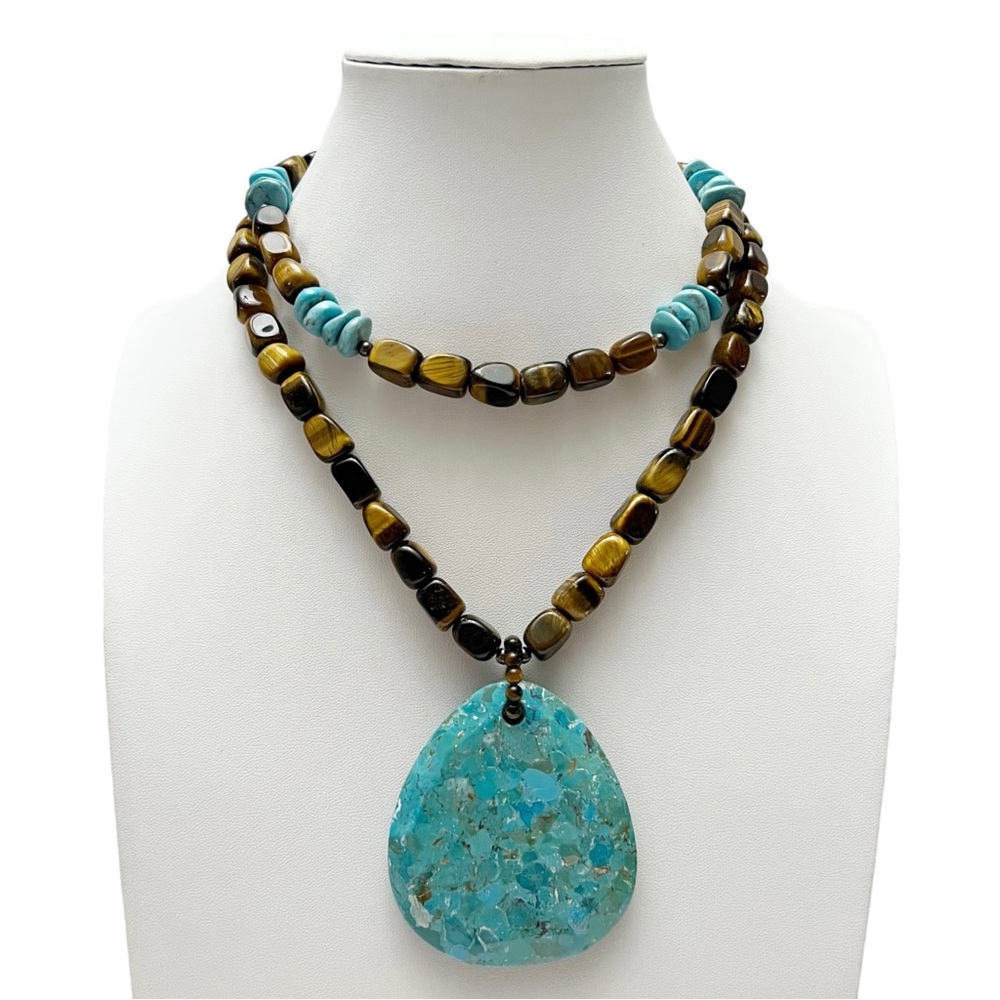 Signed Tigers Eye Compressed Turquoise Beaded Large Pendant Beaded Necklace